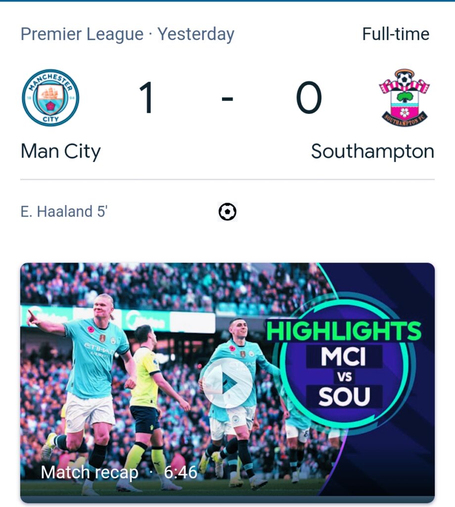 Latest Result of Manchester City vs Southampton